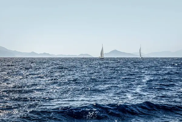 Sailboats Participate Sea Competition Beautiful Mountains Background Luxury Summer Adventure Stockbild