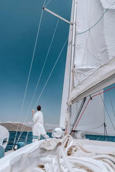 Young Happy Female Pleasure Spending Summer Holidays Sailboat Sea Luxury รูปภาพสต็อก