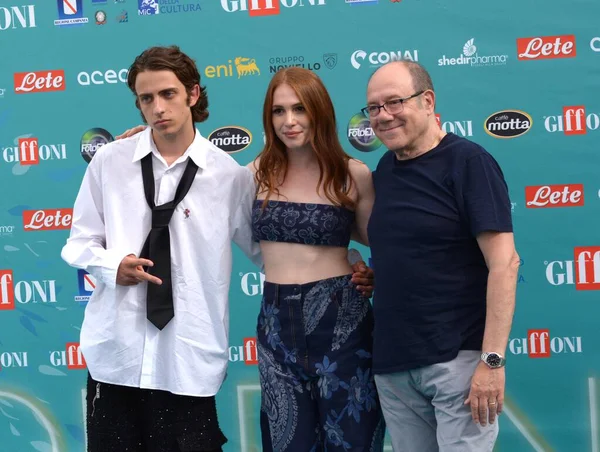 stock image GIFFONI VALLE PIANA,ITALY - July 22,2023 : Giovanni Pietro Damian aka Sangiovanni,Ludovica Martino and Carlo Verdone at Giffoni Film Festival 2023 - on July 22, 2023 in Giffoni Valle Piana, Italy.