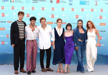 GIFFONI VALLE PIANA - 21 Temmuz 2024: Jozef Gjura, Diego Giangrasso, Giulio Cristini, Gaja Masciale, Ludovica Francesconi, Denise Capezza ve Francesca Marino Giffoni Film Festivali 2024 - 21 Temmuz 2024 tarihinde Giffoni Valle Piana, İtalya.