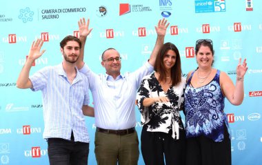 GIFFONI VALLE PIANA,ITALY - July 22,2024 : Filippo Allegrini, Marco Marinuzzi, Eleonora De Majo and  Mateja Sulic at Giffoni Film Festival 2024 - on July 22, 2024 in Giffoni Valle Piana, Italy. clipart