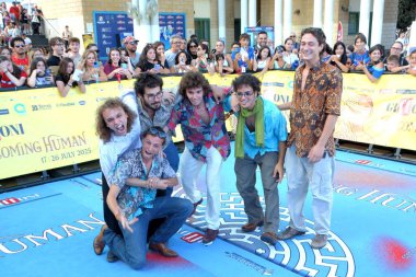 GiFFONI VALLE PIANA - 22 Temmuz 2025: Giovanni Monaco, Arturo Monaco, Francesco Parazzoli, Daniele Corradi ve Jacopo Protti I Patagarri 'den Giffoni Film Festivali 2025 - 22 Temmuz 2025 tarihinde Giffoni Valle Piana, İtalya' da.