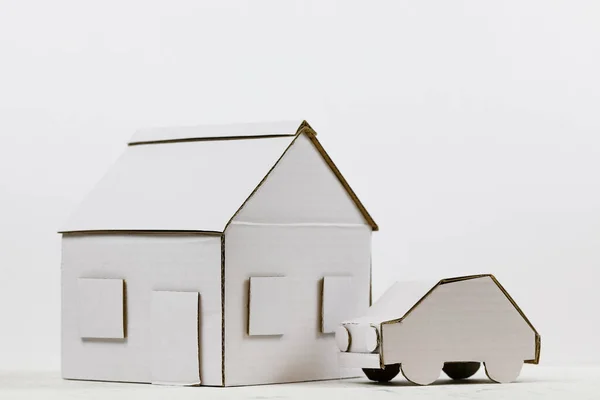 Modèle Maison Ainsi Que Modèle Voiture Proximité Sont Carton Blanc — Photo