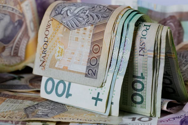 Польські Гроші Розташовані Купа Польських Злотих Банкнот Вони Становлять Основу — стокове фото