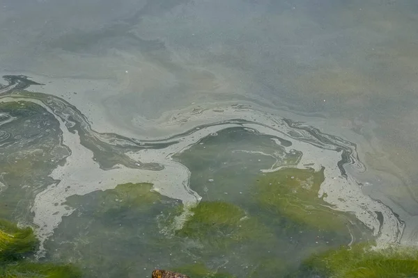 Una Capa Origen Desconocido Contaminantes Claramente Visible Superficie Del Agua — Foto de Stock