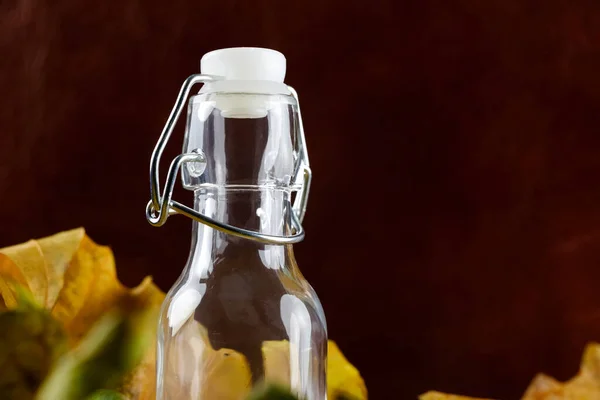 A flip-top bottle with a stopper that is held in place by a set of specially formed wires. The bottle is visible against a dark brown background, there is also a maple leaf in autumn colors.