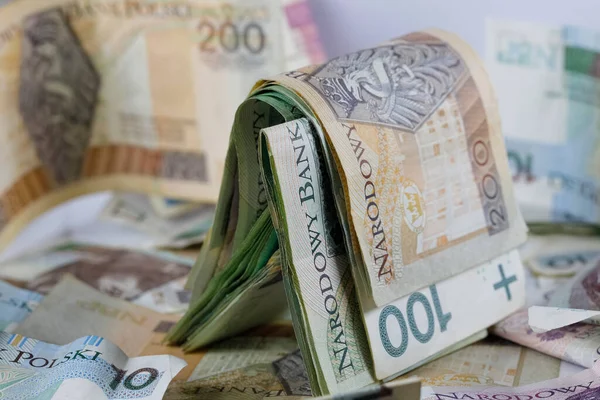 Польські Гроші Розташовані Купа Польських Злотих Банкнот Вони Становлять Основу — стокове фото