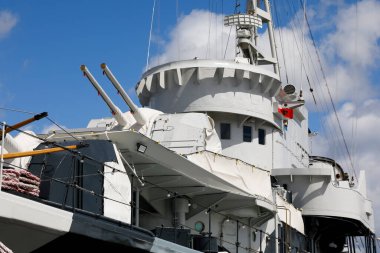 Gdynia, Poland - May 27, 2022: Fragment of warship Blyskawica, Polish destroyer, in service in the Navy since 1937. This warship participated in WWII. It has been a museum ship since May 1976.