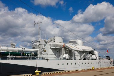 Gdynia, Poland - May 27, 2022: Fragment of warship Blyskawica, Polish destroyer, in service in the Navy since 1937. This warship participated in WWII. It has been a museum ship since May 1976