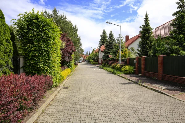Jozefoslaw, Poland - June 3, 2020: A narrow, paved street in a housing estate of family houses surrounded by lush vegetation, many plants can also be seen from the street itself