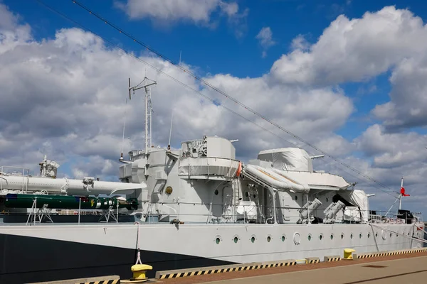 Gdynia, Poland - May 27, 2022: Fragment of warship Blyskawica, Polish destroyer, in service in the Navy since 1937. This warship participated in WWII. It has been a museum ship since May 1976
