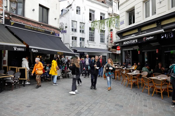 Brussels Belgium September 2022 Street Scene Cobblestone Street Outdoor Restaurants — Stock Photo, Image