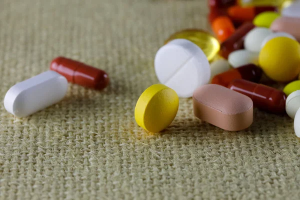 Large Dose Medicine Form Pills Various Shapes Colors Background Fabric — Fotografia de Stock