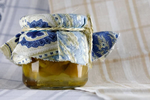 Glass Jar Preserves Topped Piece Cloth Rolled Twine — Photo