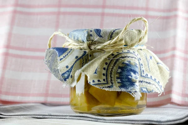 Glass Jar Preserves Topped Piece Cloth Rolled Twine — Foto Stock
