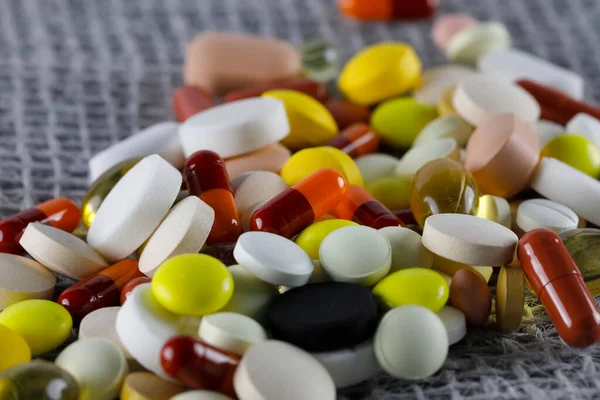 Large Dose Medicine Form Pills Various Shapes Colors Background Fabric — Stock fotografie