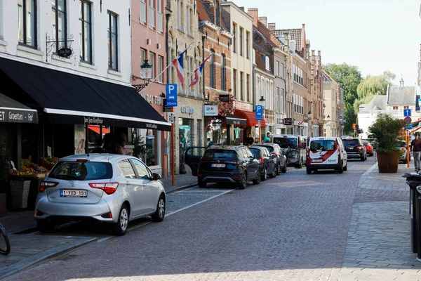 Bruges Belgium September 2022 Narrow Street Brick Houses Side Side — Stock Photo, Image