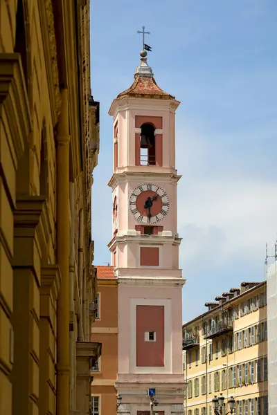 Stock image Nice, France - April 28, 2023: The upper part of the bell and clock tower, part of the Palais Rusca, located in the Place du Palais de Justice