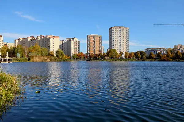 Warsaw Poland October 2023 Apartment Blocks Can Seen Lake Goclaw Stock Image