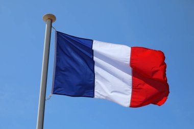 Güneşli bir günde mavi gökyüzüne karşı bayrak direğinde dalgalanan Fransa bayrağı..