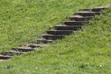 Çimlerle çevrili çimenli bir yamaçta eski bir merdiven bir aşağı bir yukarı gidiyor..
