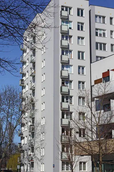 stock image Warsaw, Poland - March 9, 2024: Block of flats in a snowless, sunny winter on Miedzynarodowa Street in the Saska Kepa sub-district of the Praga-Poludnie.