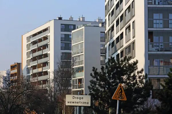 stock image Warsaw, Poland - March 14, 2024: Modern blocks of flats in a snowless winter in the Goclaw sub-district of Praga-Poludnie.