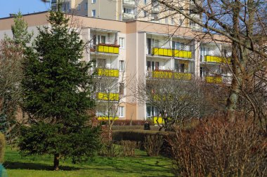 Varşova, Polonya - 8 Mart 2024: Praga Poludnie bölgesinin Goclaw bölgesinde karsız ve güneşli bir kış mevsiminde ağaçların arkasındaki apartman blokları.