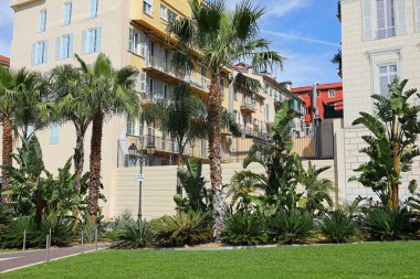 Nice, Fransa - 21 Nisan 2023: Binalar ve Esplanade Georges Pompidou 'da palmiye ağaçları olan küçük bir park