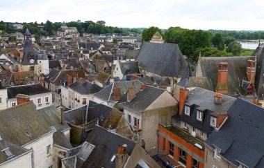 Amboise, Fransa - 9 Haziran 2010: Bu evlerin ve çatılarının havadan görünüşü Loire Vadisi 'nin mimarisi ve manzarasının bir parçasıdır..