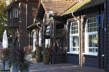 Sopot, Polonya - 9 Ekim 2024: ahşap cephe. Otelin ahşap binasının çatısı seramik fayanslarla kaplı. Giriş kapısının önünde saksılar var..