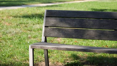 Goclaw Malikanesi, Varşova, Polonya 'daki parkta yeşil bir çimenlikteki tek bir bankın kısmi görüntüsü.