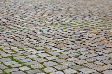 Granit küpler yan yana dizilmiş. Polonya 'nın Gdansk şehrinin bir parçası olan ana kasabada bir kaldırım taşı sokağının yüzeyini oluşturuyorlar.