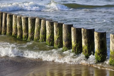 Polonya 'nın Ustronie Morskie kentindeki bir plajın kenarında görülen Baltık Denizi dalgalarının zararlı etkilerinden korunmak için deniz tabanına sürülen katı dalgalardan oluşan bir hat sahili koruyor..