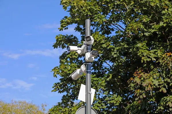 Bölgeyi izlemek ve yerel sakinlerin ve turistlerin güvenliğini sağlamak için direğe dört kamera yerleştirildi. Arkadaki mavi gökyüzü ve yemyeşil yapraklar. Sopot, Polonya.