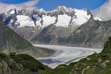 İsviçre Alplerindeki Büyük Aletsch Buzulu 'nun bir parçası. Çevredeki kaya oluşumları da görülebilir. Manzara Temmuz 2005 'te çekildi.