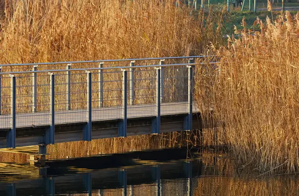 Polonya 'nın Varşova, Praga-Poludnie bölgesindeki Goclaw konutlarında göl boyunca dar bir köprü..
