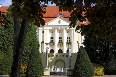 Sopot, Polonya - 6 Ekim 2024: Ağaçların arkasında, Sofitel Grand Sopot Oteli 'ni görebilirsiniz. Otel 1927 yılına dayanan bir binada bulunuyor..