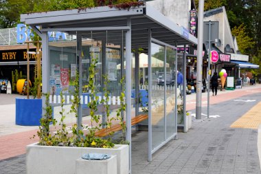 Mielno, Polonya - 15 Mayıs 2025: Şehir merkezindeki caddelerden birinde otobüs bekleyen kimse yok. Oldukça sessiz, çünkü hala bu turistik bölgede yüksek mevsim öncesi..