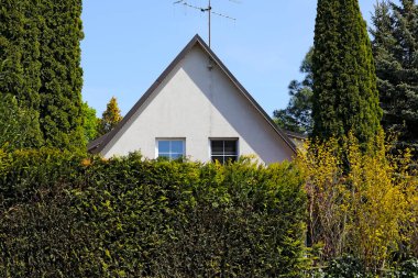 Mielno, Polonya - 13 Mayıs 2025: Bir gable çatı bir yerleşim evinin üst parçasıdır. Evin alt kısmı bitki örtüsünün arkasında..