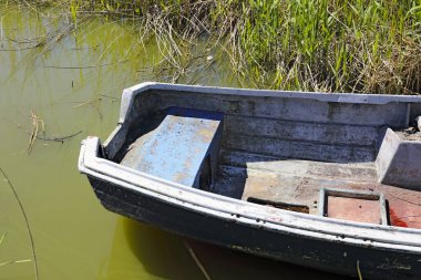 Teknenin kıçı, Polonya 'nın kıyı kenti Mielno' daki Jamno Gölü kıyısında sazlıklar arasında demirli olduğu için görülebilir..