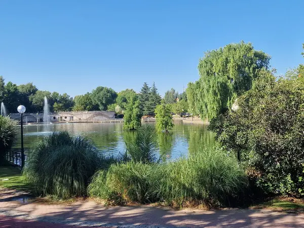 Sakin göl manzaralı açık bir günde hafif dalgalar etrafındaki kayaları ve çimenli kıyıları yansıtıyor.