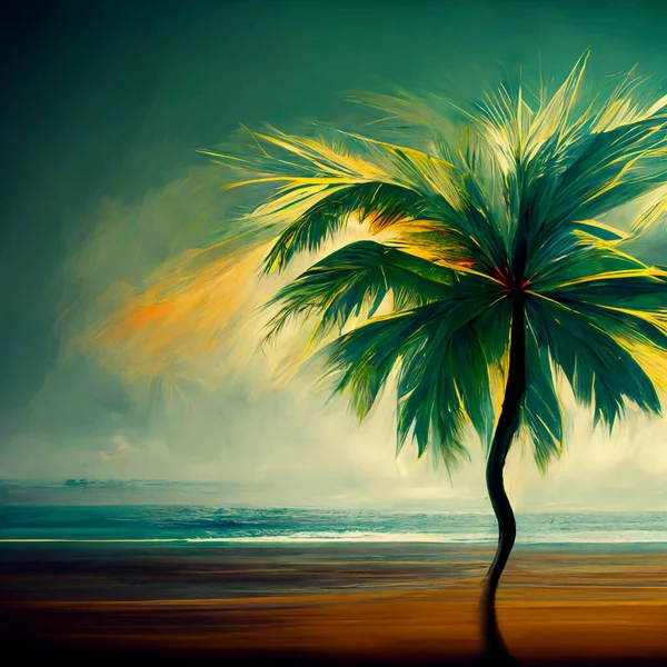 Ilustración Artística Pictórica Una Playa Tropical Con Palmera Atardecer — Foto de Stock