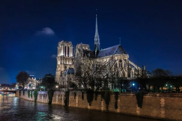 Verlichte Notre Dame Paris Kathedraal Met Torenspits Voor Brand Nachts — Stockfoto