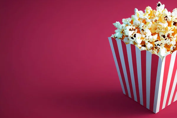 Full box of movie popcorn with a red background with copy space, generative AI illustration