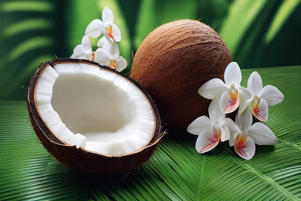 Coconut in a shell full of coconut milk on a leaf with orchid flowers ready for a spa treatment or cooking, generative AI illustration