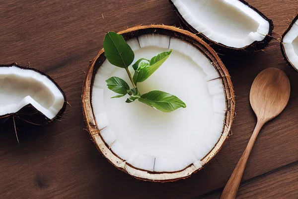 Coconut in a shell full of coconut milk with a sprig of mint on an old wooden table, food photography, top down view, generative AI illustration
