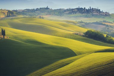 Gün batımında selvi ve meşe ağaçlarıyla dolu Toskana tepeleri. Puslu bir altın saat boyunca, fotorealistik bir illüstrasyon.