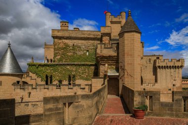 Olite, İspanya - 23 Haziran 2021 Navarra 'daki Olite Kralları veya Kraliyet Sarayı' nın süslü gotik mimarisinin ayrıntıları