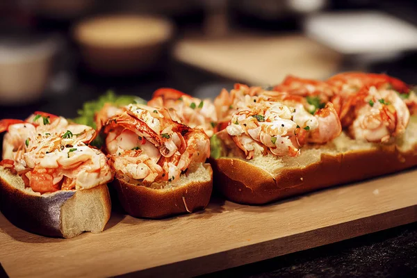 Tasty fresh lobster roll sandwiches on a rustic wooden board, food photography